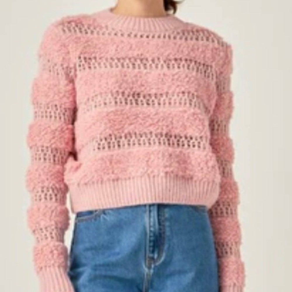 English Factory Pink Open-Knit Textured Crewneck Sweater